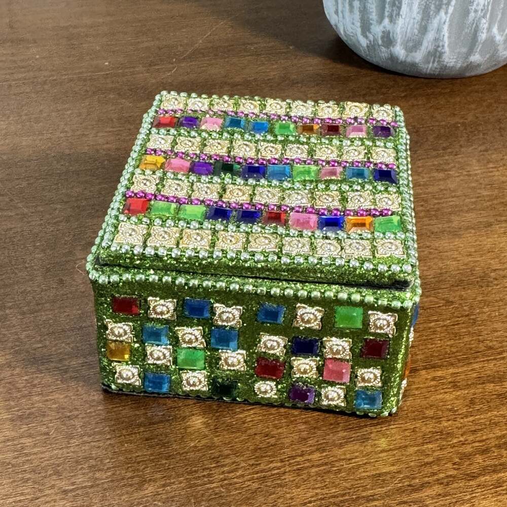 Sparkling Green & Multicolor Jeweled Trinket Box Decorative Storage